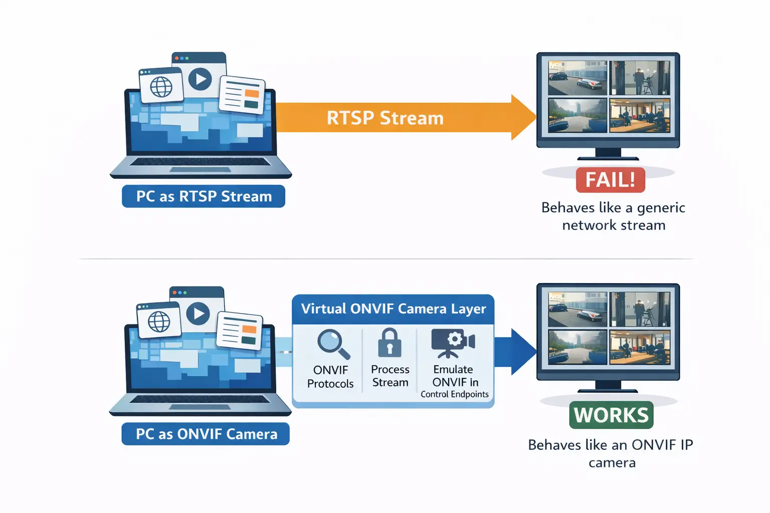 RTSP vs ONVIF comparison showing why virtual ONVIF camera layer is needed